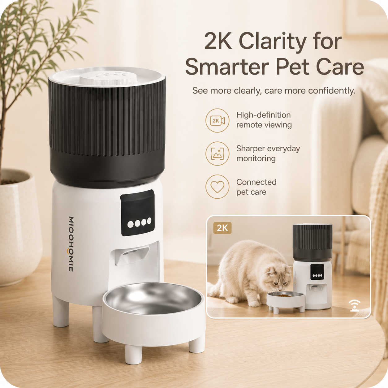 MiooHomie C-03 4L Automatic Cat Feeder with 1080P Camera, 2.4GHz/5GHz Wi-Fi & App Remote Feeding