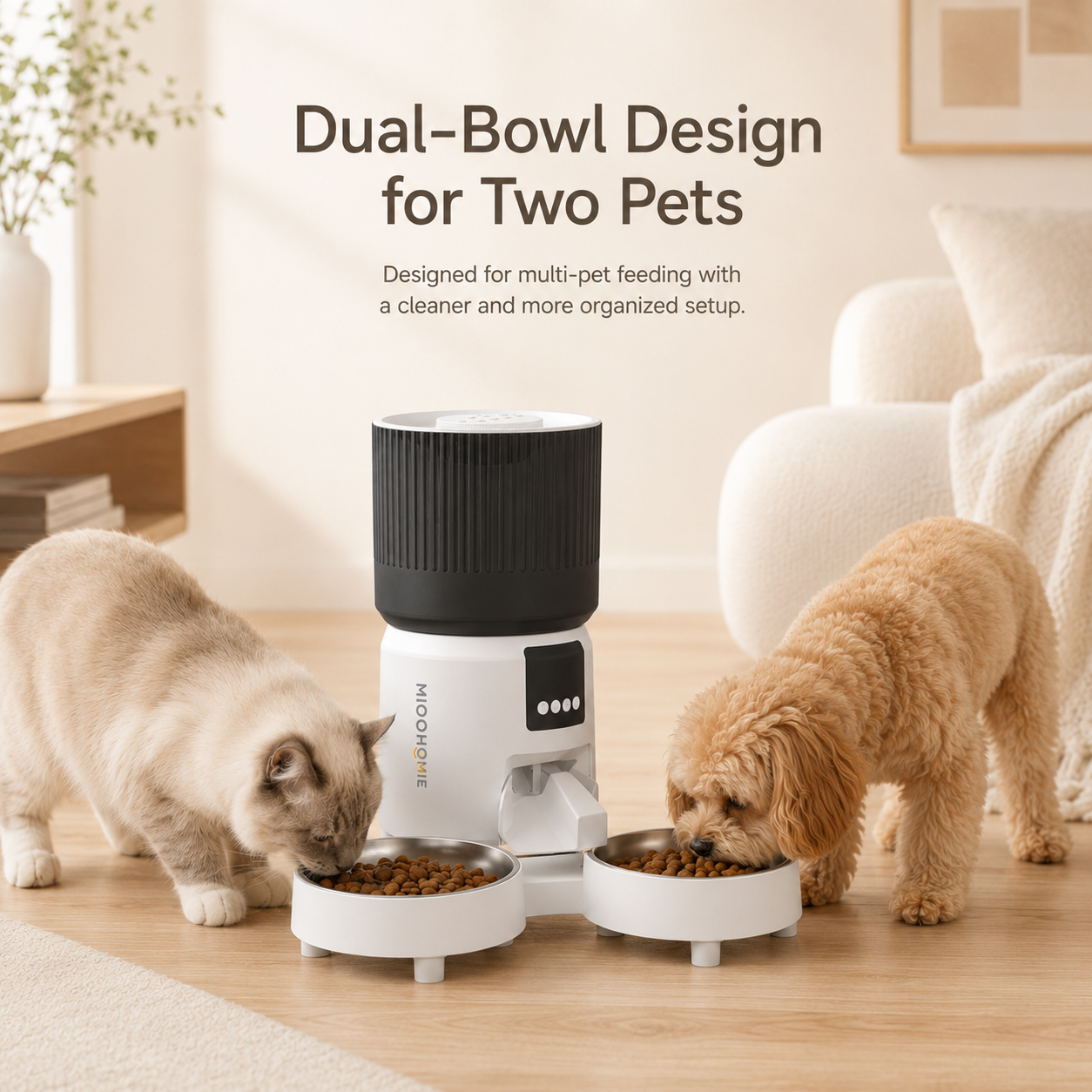 MiooHomie C-04 4L Dual-Bowl Automatic Cat Feeder with 1080P Camera, Wi-Fi App Control for Two Pets