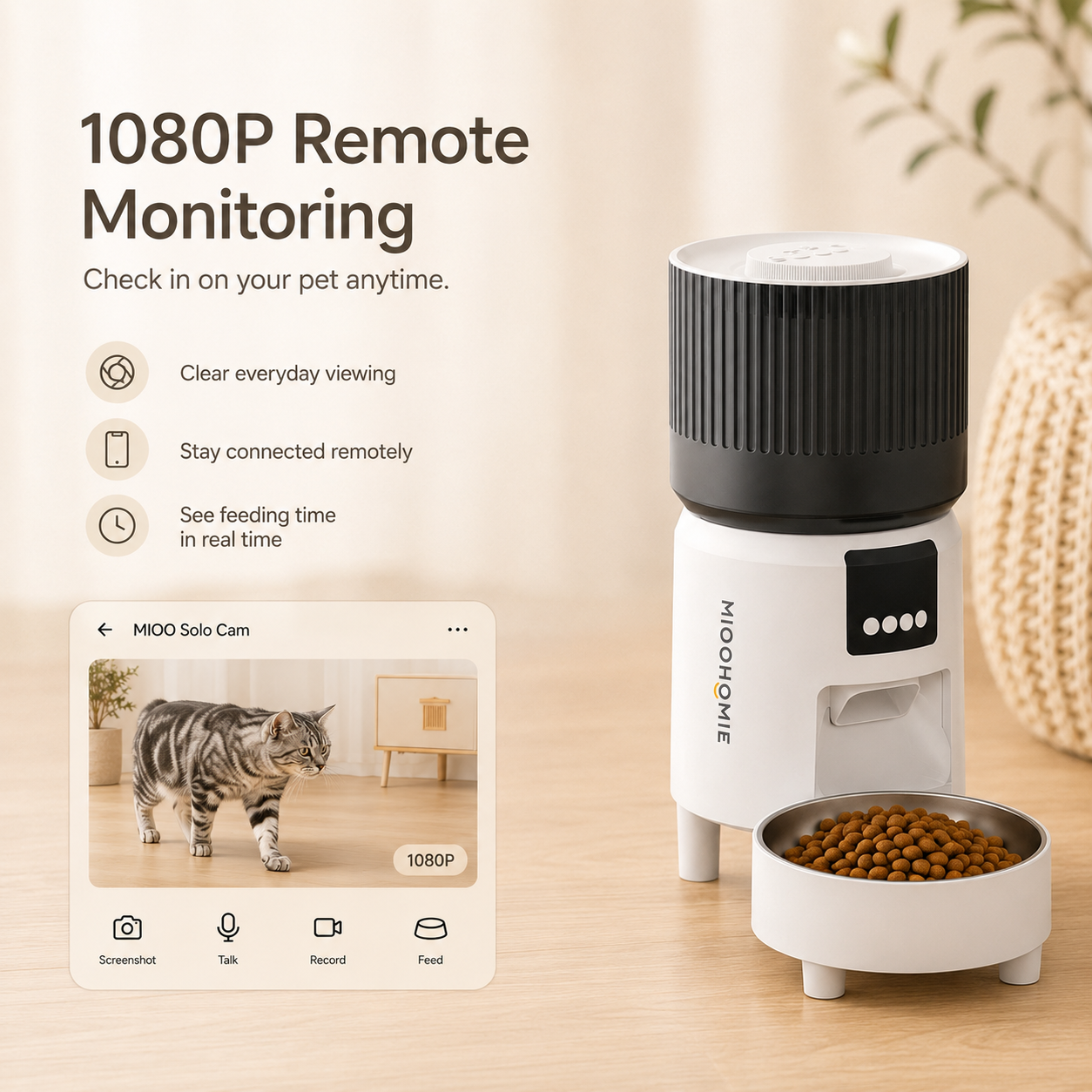 MiooHomie C-02 4L Dual-Bowl Automatic Cat Feeder with 1080P Camera, Wi-Fi App Control for Two Pets