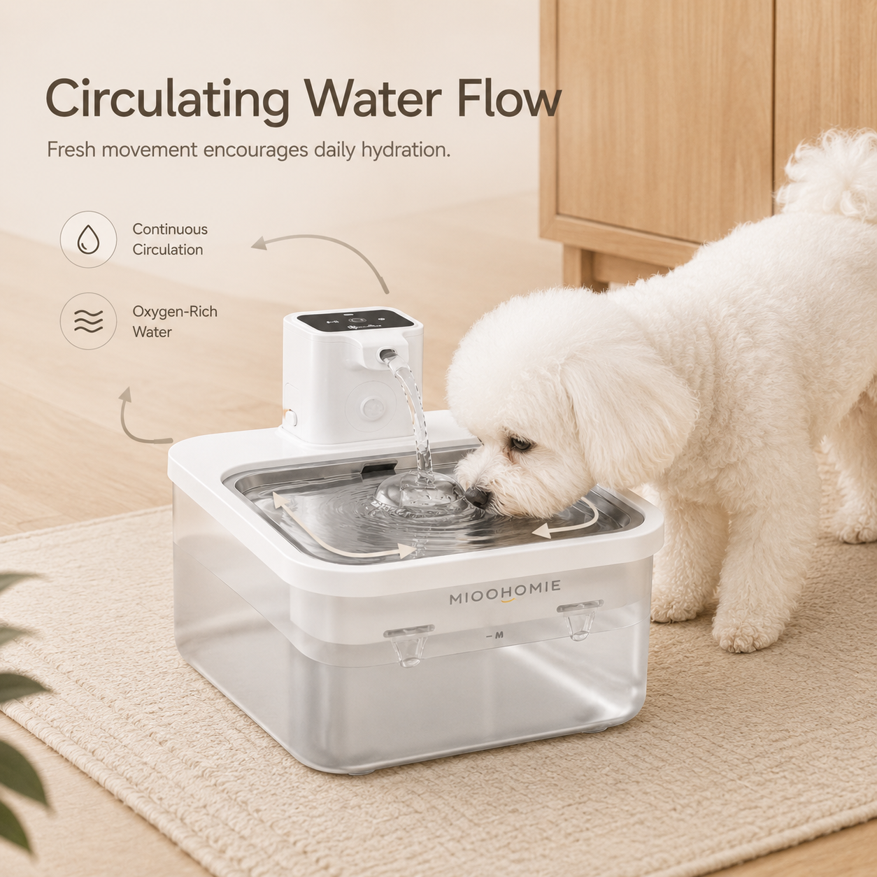 MIOOHOMIE MW-B07 FLOWLY Steel Go Lite 2600mAh Smart Pet Water Fountain with Stainless Steel Tray & 3L Capacity