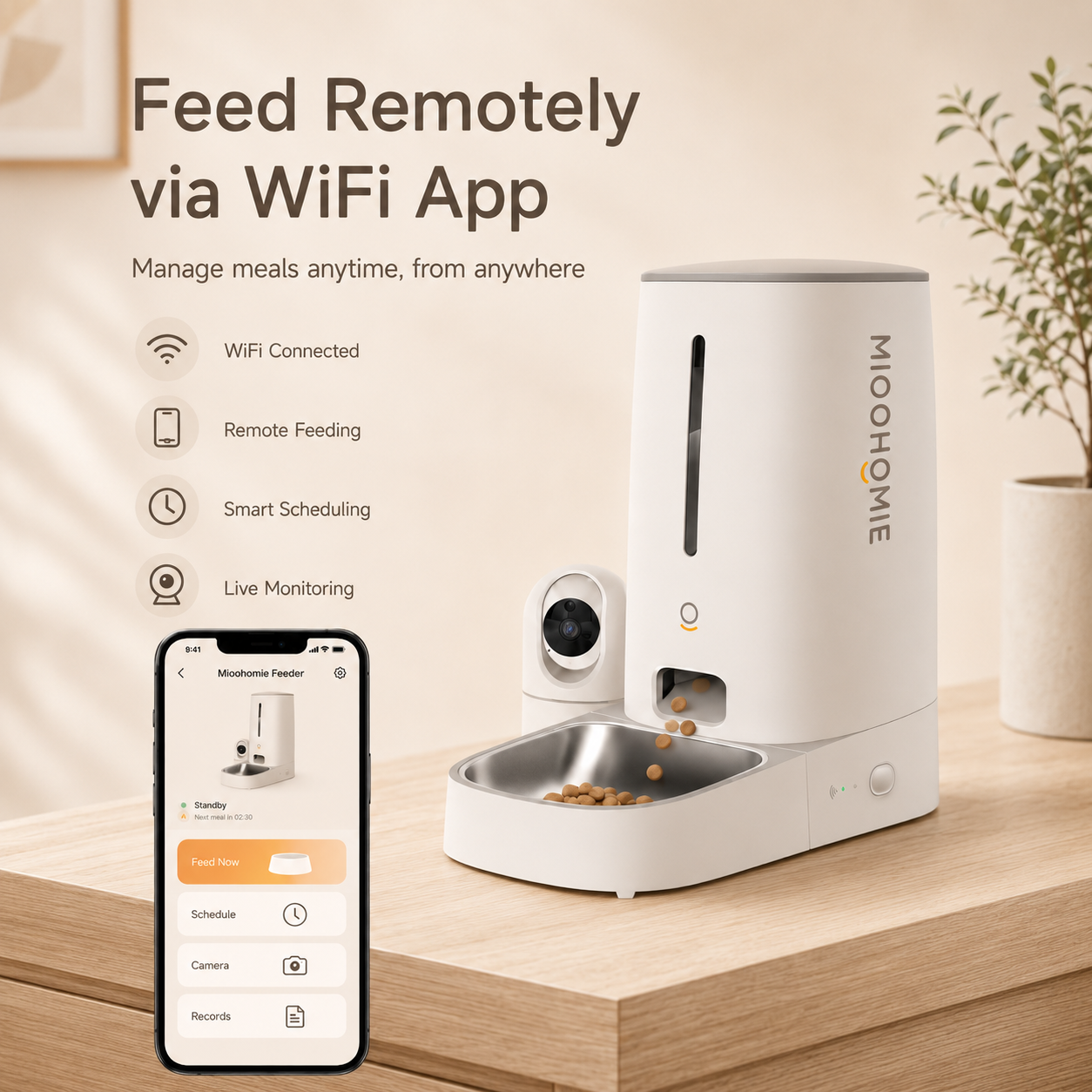 MiooHomie C-01 Smart Automatic Pet Feeder with 2MP Camera, 4L WiFi App Control & Low Food Alerts