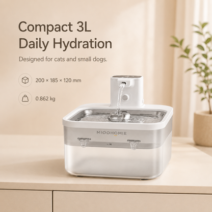 MIOOHOMIE MW-B07 FLOWLY Steel Go Lite 2600mAh Smart Pet Water Fountain with Stainless Steel Tray & 3L Capacity