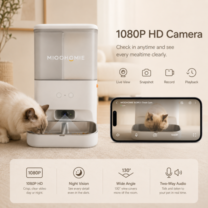 MiooHomie MF-M02 BOWLY Treat Cam Food & Treat Camera Smart Pet Feeder with 1080P HD Camera and Dual Storage for Cats & Small Dogs