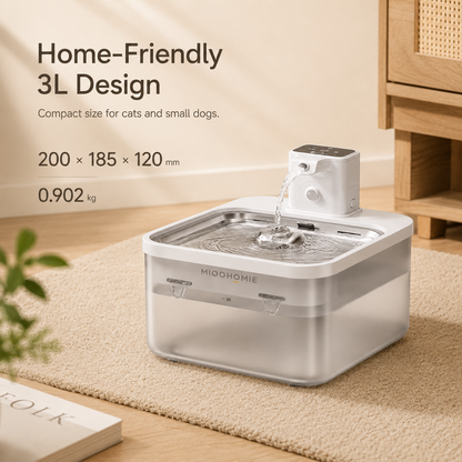 MiooHomie MW-B08 3L Smart Cat Water Fountain with 4000mAh Rechargeable Battery, Stainless Steel Drinking Tray, Quiet Automatic Pet Water Dispenser for Cats & Small Dogs