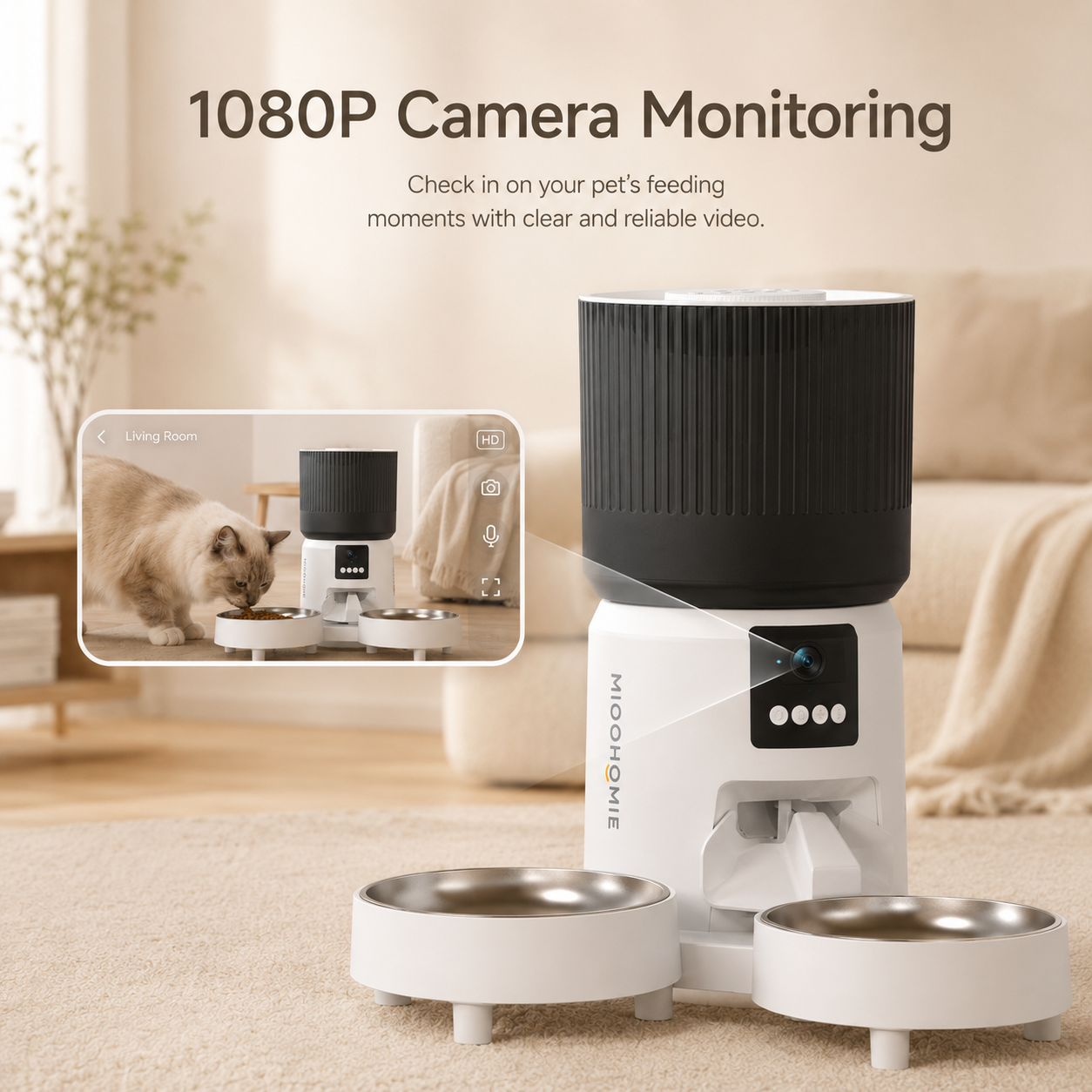 MiooHomie C-04 4L Dual-Bowl Automatic Cat Feeder with 1080P Camera, Wi-Fi App Control for Two Pets