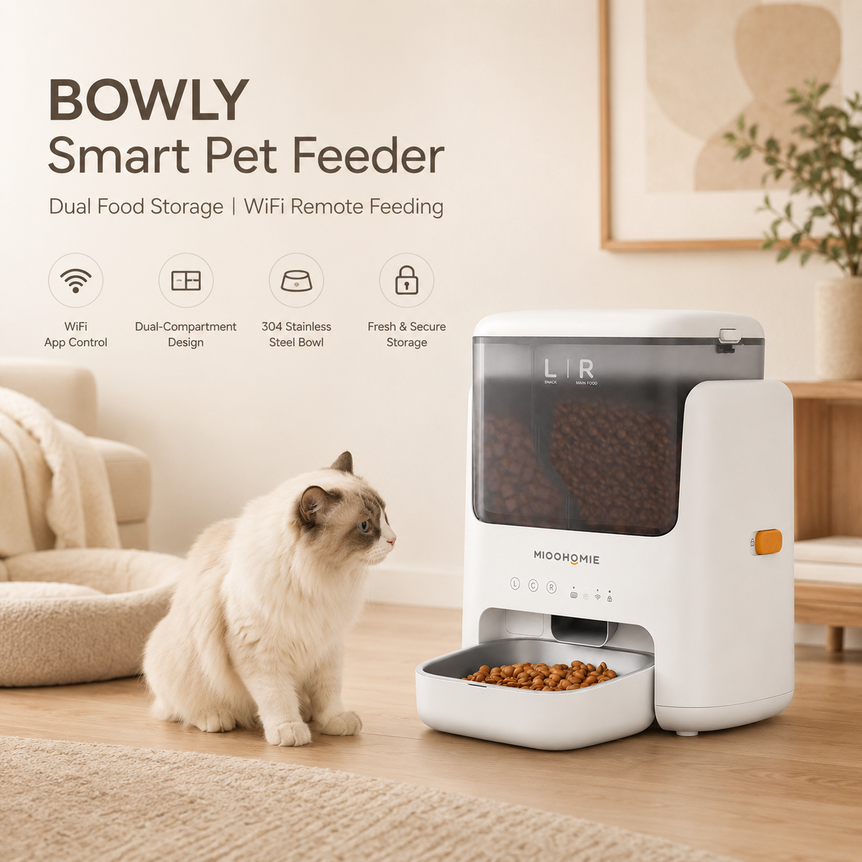 MiooHomie L01 BOWLY Dual-Compartment WiFi Smart Pet Feeder for Cats and Small Breed Dogs