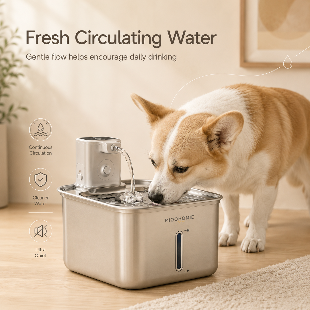 MIOOHOMIE MW-B10 Smart Stainless Steel Cat Water Fountain, 4000mAh Rechargeable Pet Water Dispenser with Quiet Circulating Filter for Cats & Small Dogs