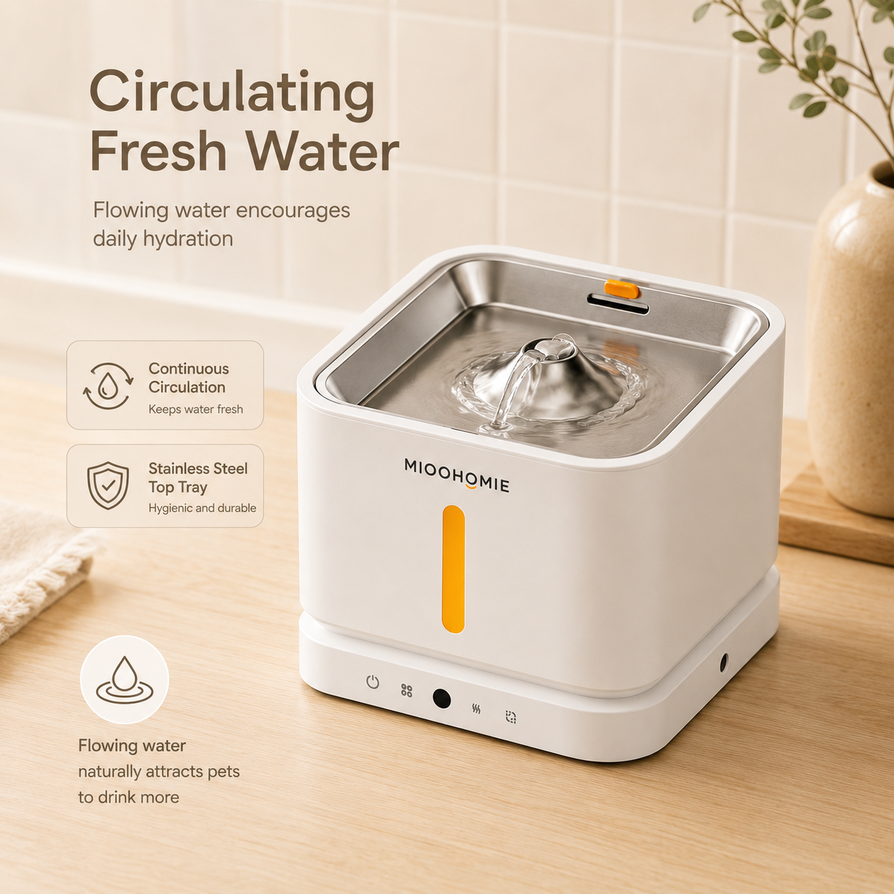 MiooHomie P03 3L Smart Pet Water Fountain with Stainless Steel Drinking Tray, Quiet Pump and Low Water Reminder for Cats and Small Dogs