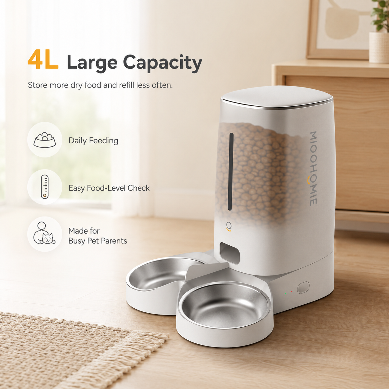 MiooHomie D01 4L Dry Food Automatic Feeder with Dual Bowls and Removable Stainless Steel Bowls