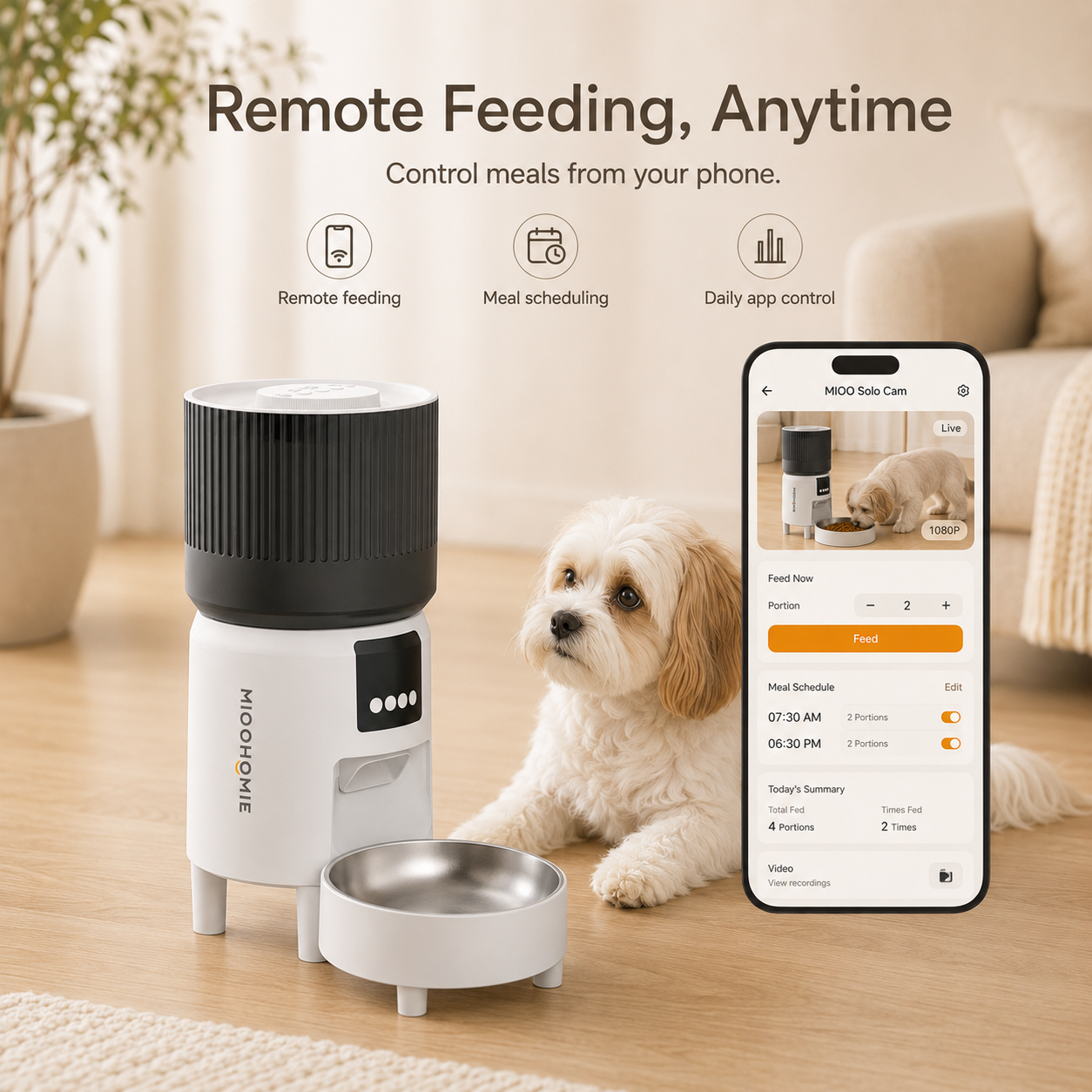 MiooHomie C-02 4L Dual-Bowl Automatic Cat Feeder with 1080P Camera, Wi-Fi App Control for Two Pets