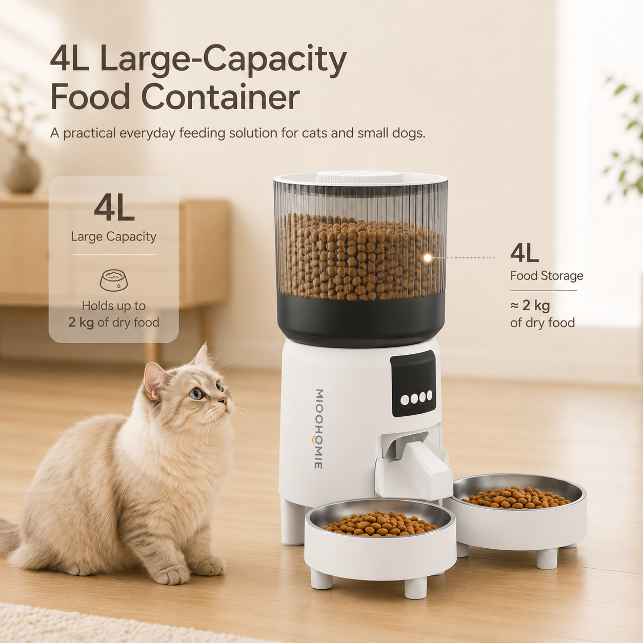 MiooHomie D04 4L Dual-Bowl WiFi Automatic Pet Feeder with App Control, Portion Scheduling and Feeding Records