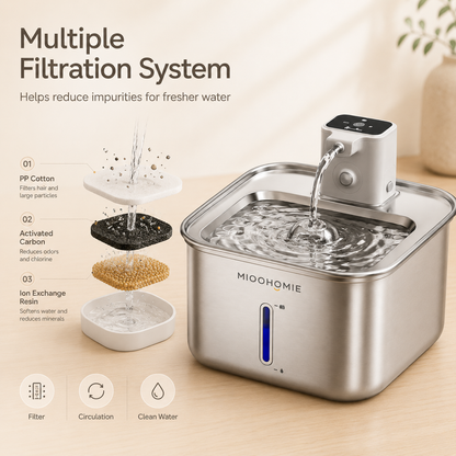 MIOOHOMIE MW-B10 Smart Stainless Steel Cat Water Fountain, 4000mAh Rechargeable Pet Water Dispenser with Quiet Circulating Filter for Cats & Small Dogs