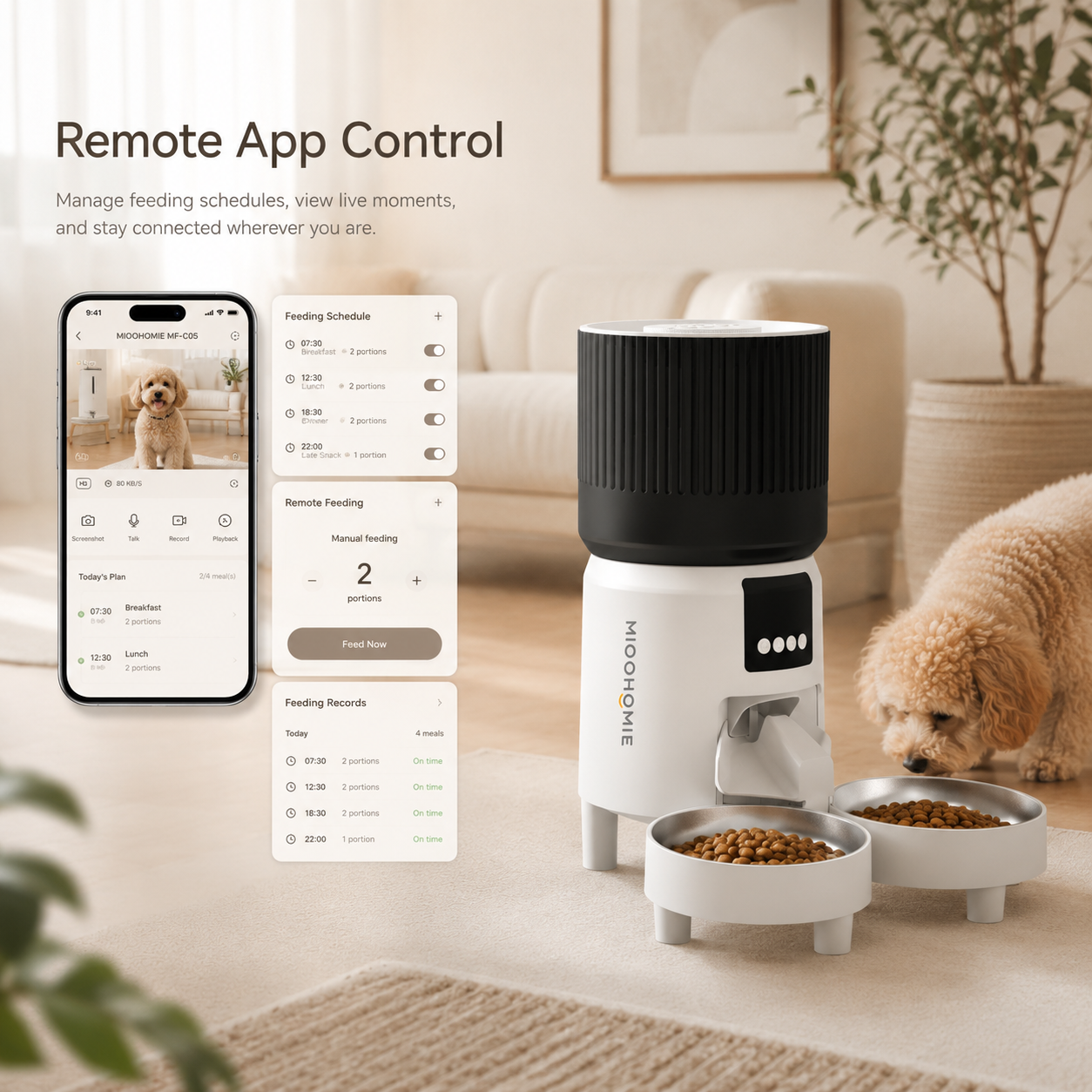 MiooHomie C-05 4L Dual-Bowl Automatic Cat Feeder with 2K Camera, Wi-Fi App Control for Two Pets