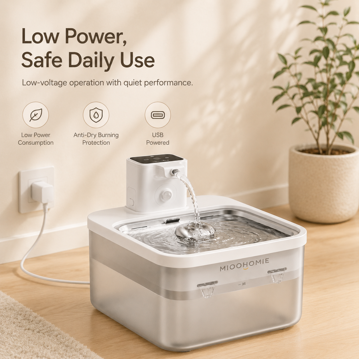 MiooHomie MW-B08 3L Smart Cat Water Fountain with 4000mAh Rechargeable Battery, Stainless Steel Drinking Tray, Quiet Automatic Pet Water Dispenser for Cats & Small Dogs