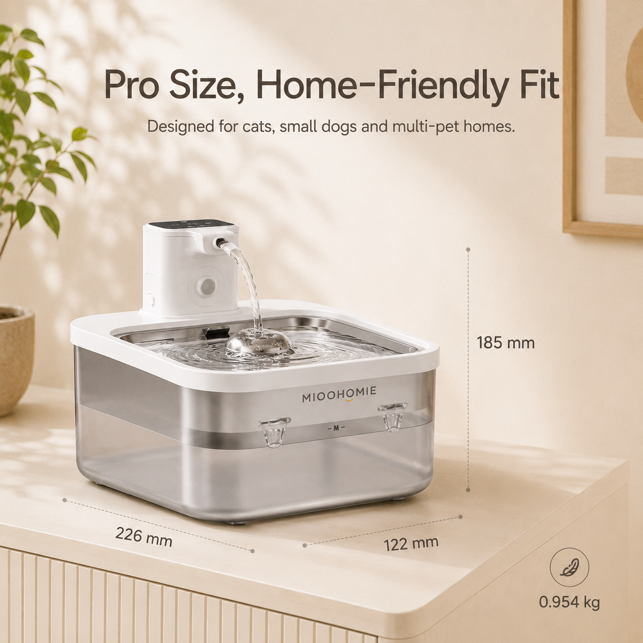 MIOOHOMIE MW-B09 Smart Stainless Steel Cat Water Fountain, 5200mAh Rechargeable Pet Water Dispenser with 3L Capacity, Quiet Circulating Filter for Cats & Small Dogs