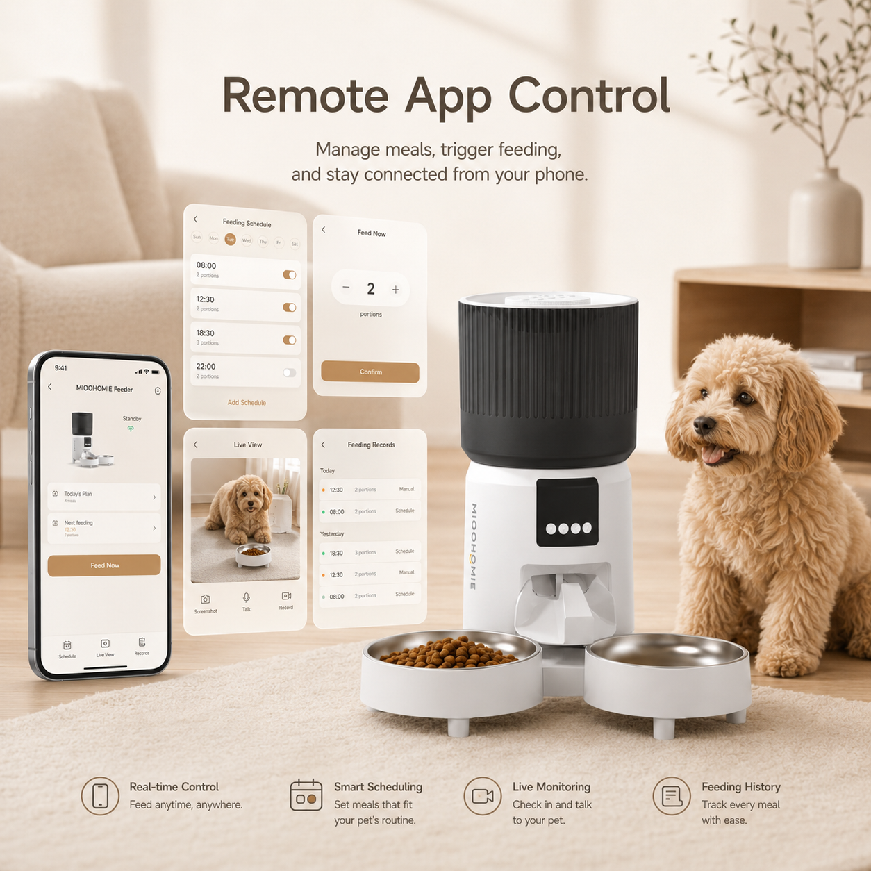 MiooHomie C-04 4L Dual-Bowl Automatic Cat Feeder with 1080P Camera, Wi-Fi App Control for Two Pets