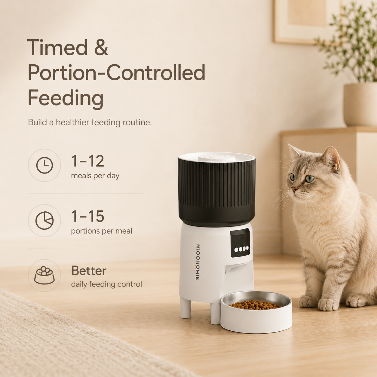 MiooHomie MF-S02 Programmable 4L Cat and Small Dog Feeder with 1–12 Meal Scheduling, 1–15 Portion Control and Removable Bowl