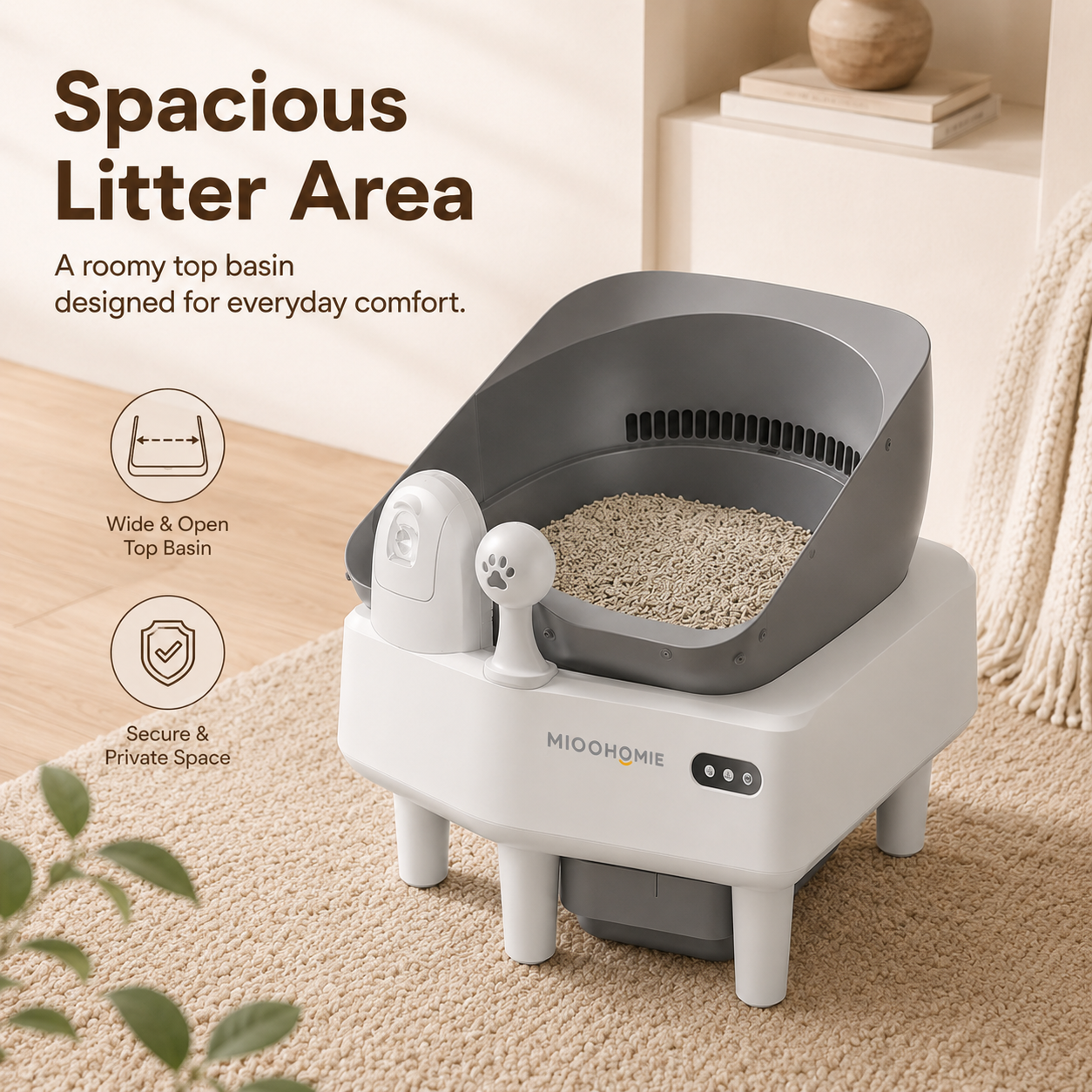 MiooHomie ML-C02 LITTY Fresh Spray Deodorizing Self-Cleaning Cat Litter Box, Semi-Open APP Smart Automatic Cat Toilet with Pull-Out Waste Bin for Multi-Cat Homes