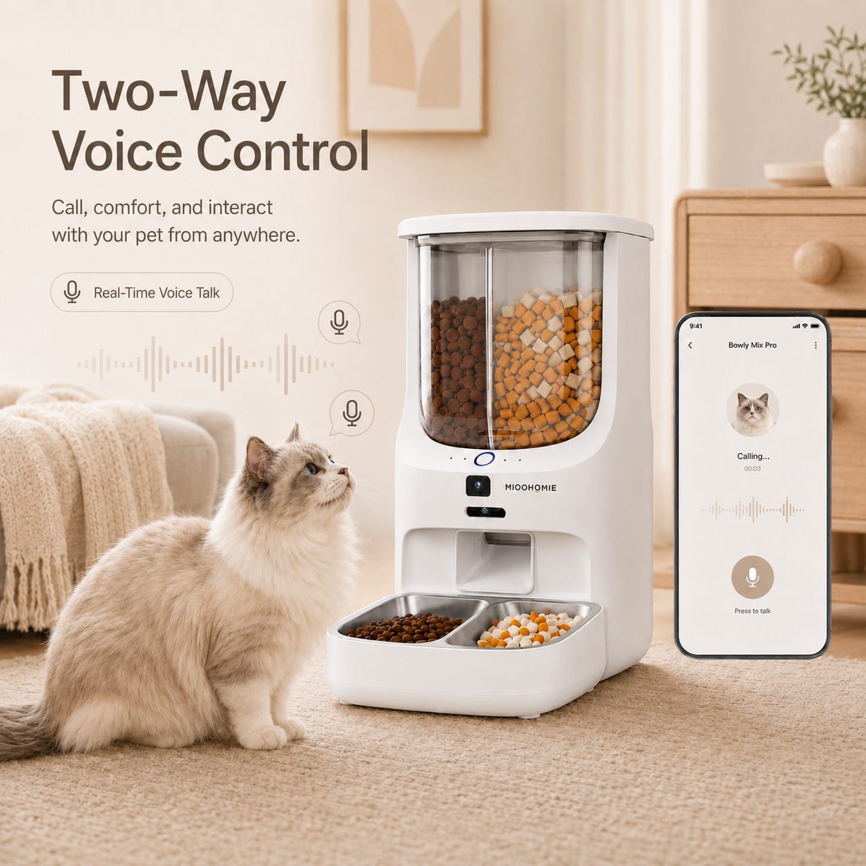 MiooHomie MF-M03 BOWLY Mix Pro 5L WiFi Smart Pet Feeder with Dual HD Cameras, UV Sterilization and Dual Food Storage for Cats & Small Dogs