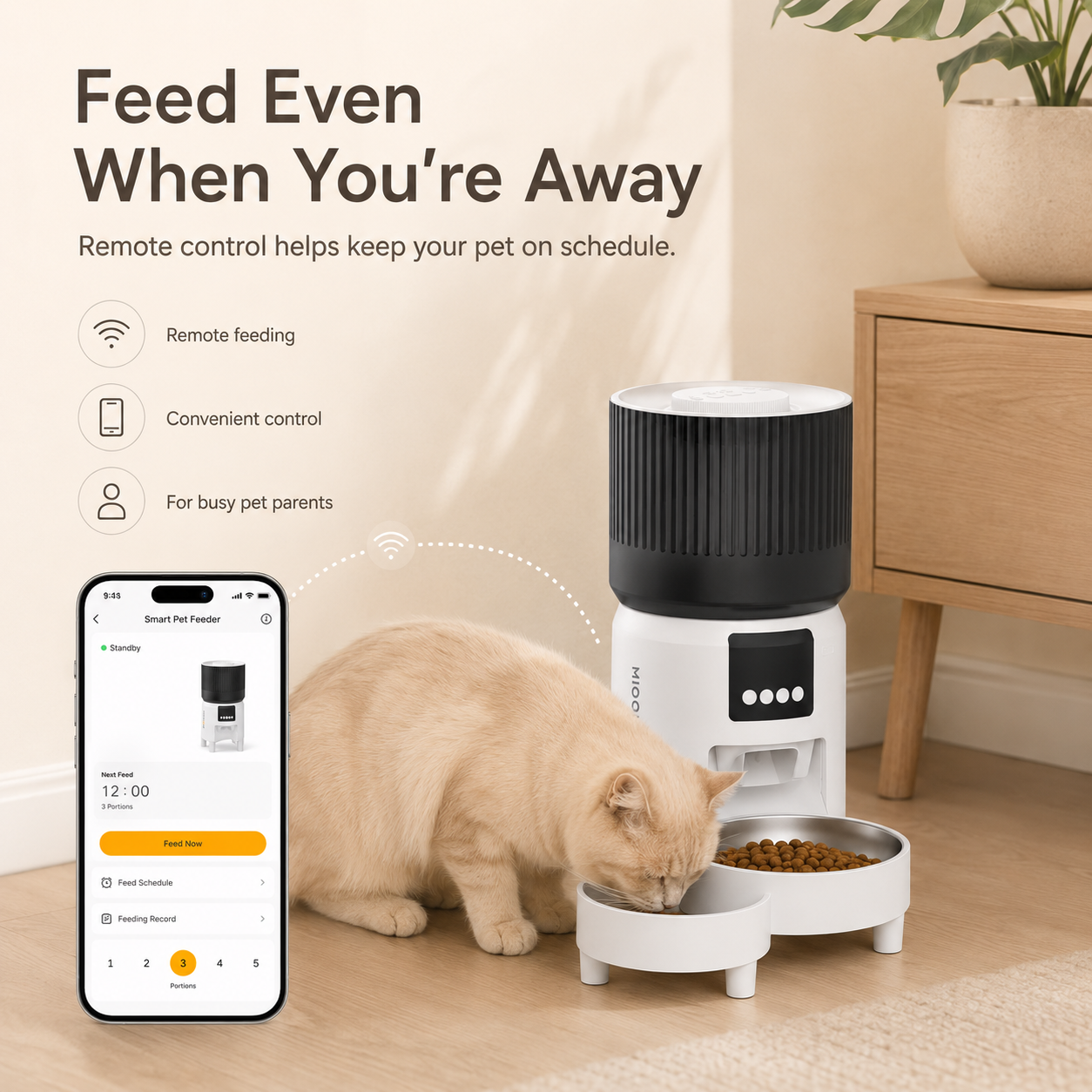 MiooHomie MF-S03 Smart APP 4L WiFi Pet Feeder with Remote Feeding, Meal Scheduling and Voice Reminder for Cats & Small Dogs