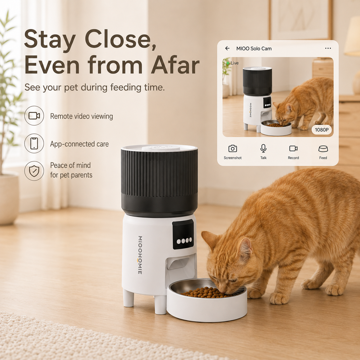 MiooHomie C-02 4L Dual-Bowl Automatic Cat Feeder with 1080P Camera, Wi-Fi App Control for Two Pets