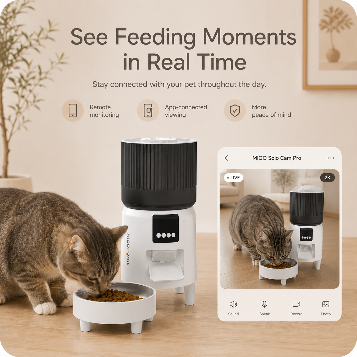MiooHomie C-03 4L Automatic Cat Feeder with 1080P Camera, 2.4GHz/5GHz Wi-Fi & App Remote Feeding