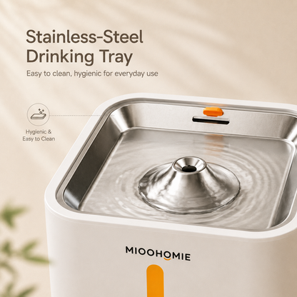 MiooHomie P03 3L Smart Pet Water Fountain with Stainless Steel Drinking Tray, Quiet Pump and Low Water Reminder for Cats and Small Dogs