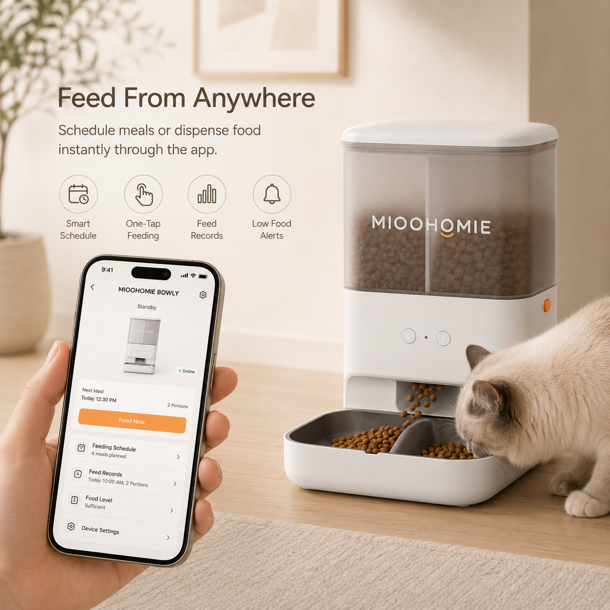 MiooHomie MF-M02 BOWLY Treat Cam WiFi Smart Pet Feeder with Dual Food & Treat Storage