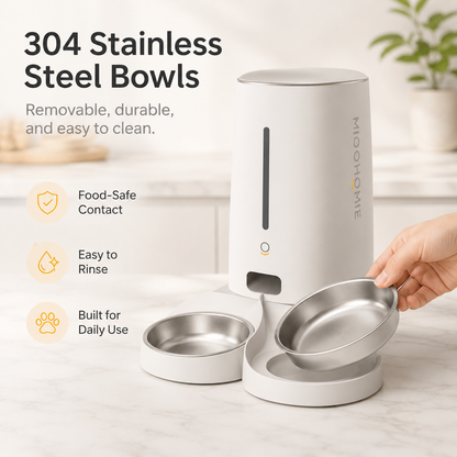 MiooHomie D01 4L Dry Food Automatic Feeder with Dual Bowls and Removable Stainless Steel Bowls