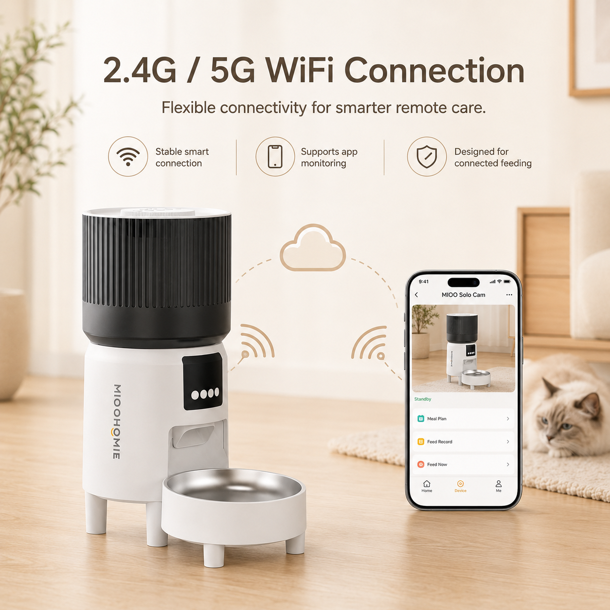 MiooHomie C-02 4L Dual-Bowl Automatic Cat Feeder with 1080P Camera, Wi-Fi App Control for Two Pets