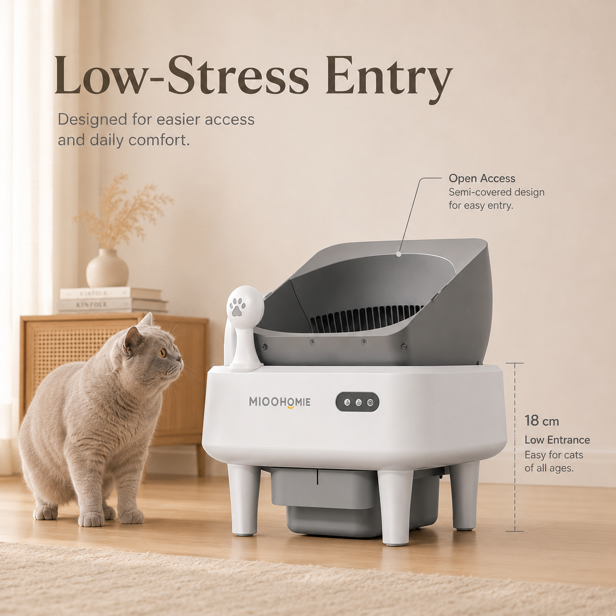 MiooHomie ML-S01 LITTY Air Semi-Covered Automatic Self-Cleaning Cat Litter Box with Low-Stress Entry and Safety Sensor Protection for Cats Under 22kg