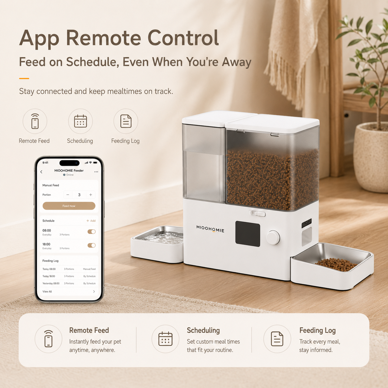 MiooHomie M01 All-in-One Smart Pet Feeder with Water Dispenser, WiFi App Control, Video Monitoring, 3.5L Food Tank and 5L Water Tank