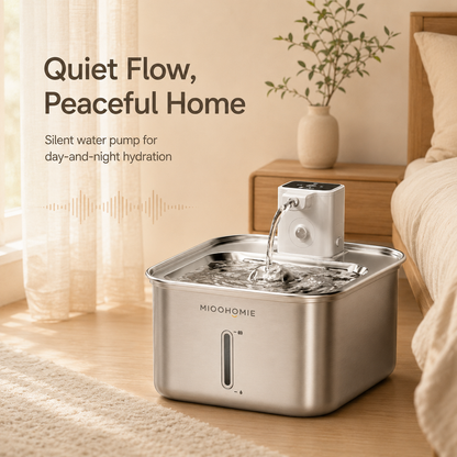 MIOOHOMIE MW-B10 Smart Stainless Steel Cat Water Fountain, 4000mAh Rechargeable Pet Water Dispenser with Quiet Circulating Filter for Cats & Small Dogs