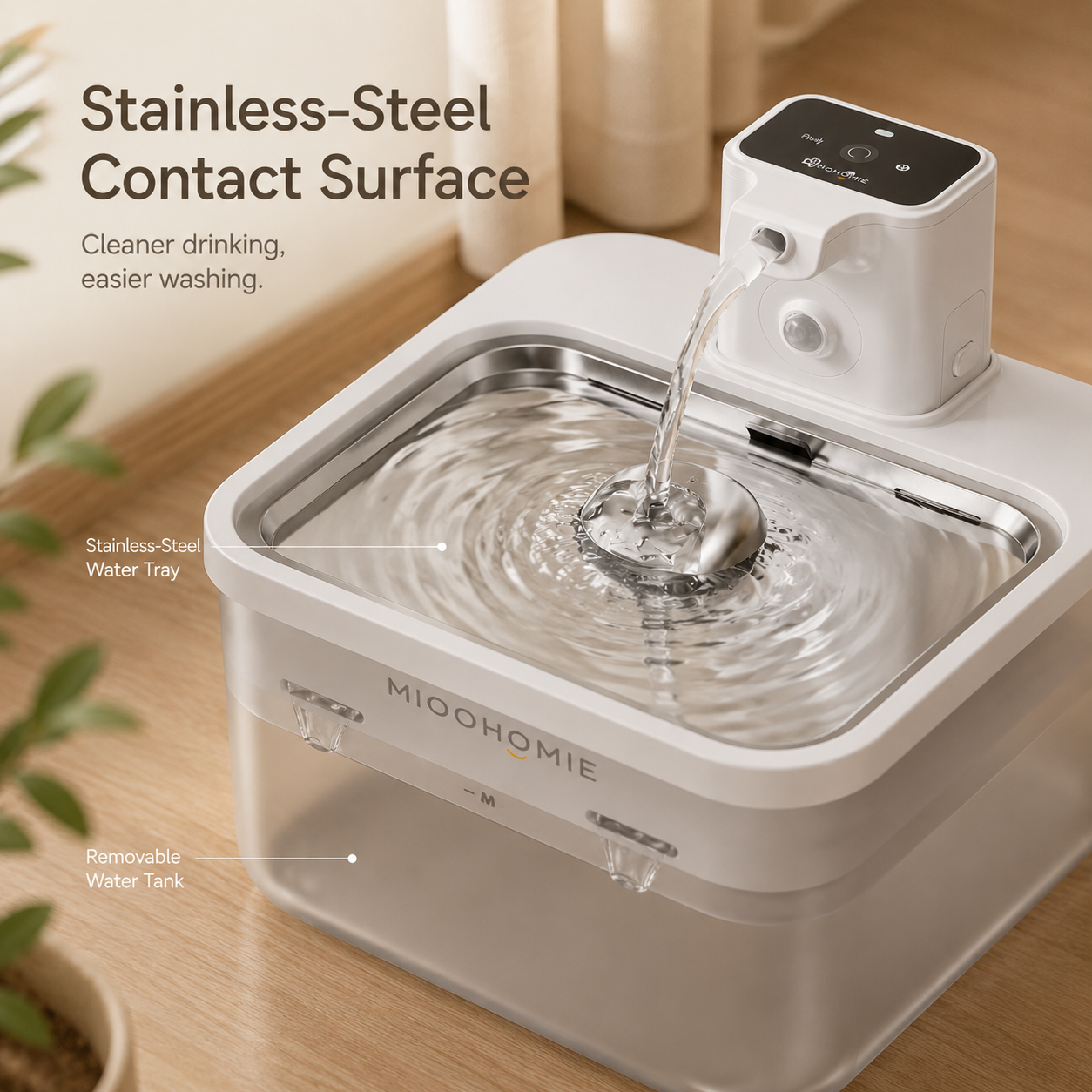 MiooHomie MW-B08 3L Smart Cat Water Fountain with 4000mAh Rechargeable Battery, Stainless Steel Drinking Tray, Quiet Automatic Pet Water Dispenser for Cats & Small Dogs