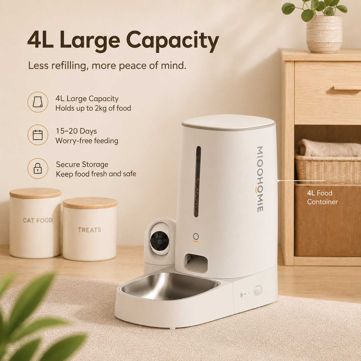 MiooHomie C-01 Smart Automatic Pet Feeder with 2MP Camera, 4L WiFi App Control & Low Food Alerts