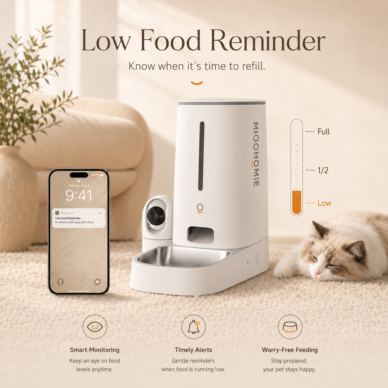 MiooHomie C-01 Smart Automatic Pet Feeder with 2MP Camera, 4L WiFi App Control & Low Food Alerts