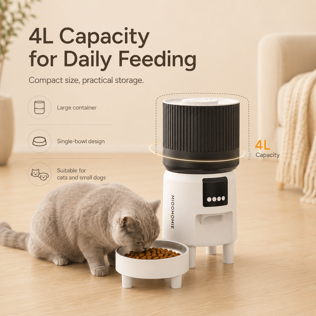 MiooHomie MF-S03 Smart APP 4L WiFi Pet Feeder with Remote Feeding, Meal Scheduling and Voice Reminder for Cats & Small Dogs