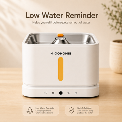 MiooHomie P03 3L Smart Pet Water Fountain with Stainless Steel Drinking Tray, Quiet Pump and Low Water Reminder for Cats and Small Dogs