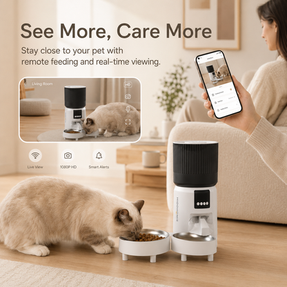 MiooHomie C-04 4L Dual-Bowl Automatic Cat Feeder with 1080P Camera, Wi-Fi App Control for Two Pets