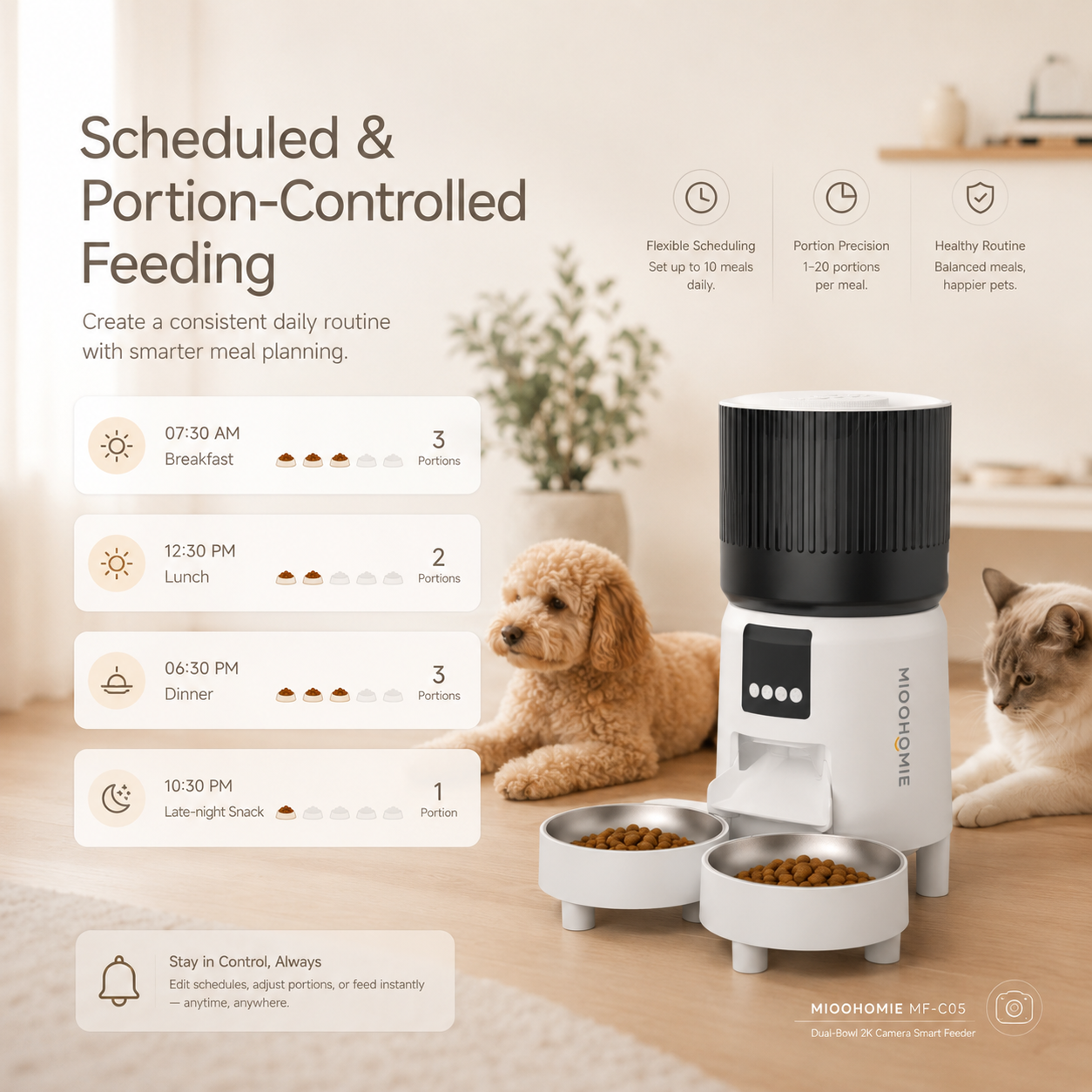 MiooHomie C-05 4L Dual-Bowl Automatic Cat Feeder with 2K Camera, Wi-Fi App Control for Two Pets
