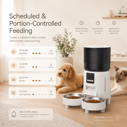MiooHomie C-05 4L Dual-Bowl Automatic Cat Feeder with 2K Camera, Wi-Fi App Control for Two Pets