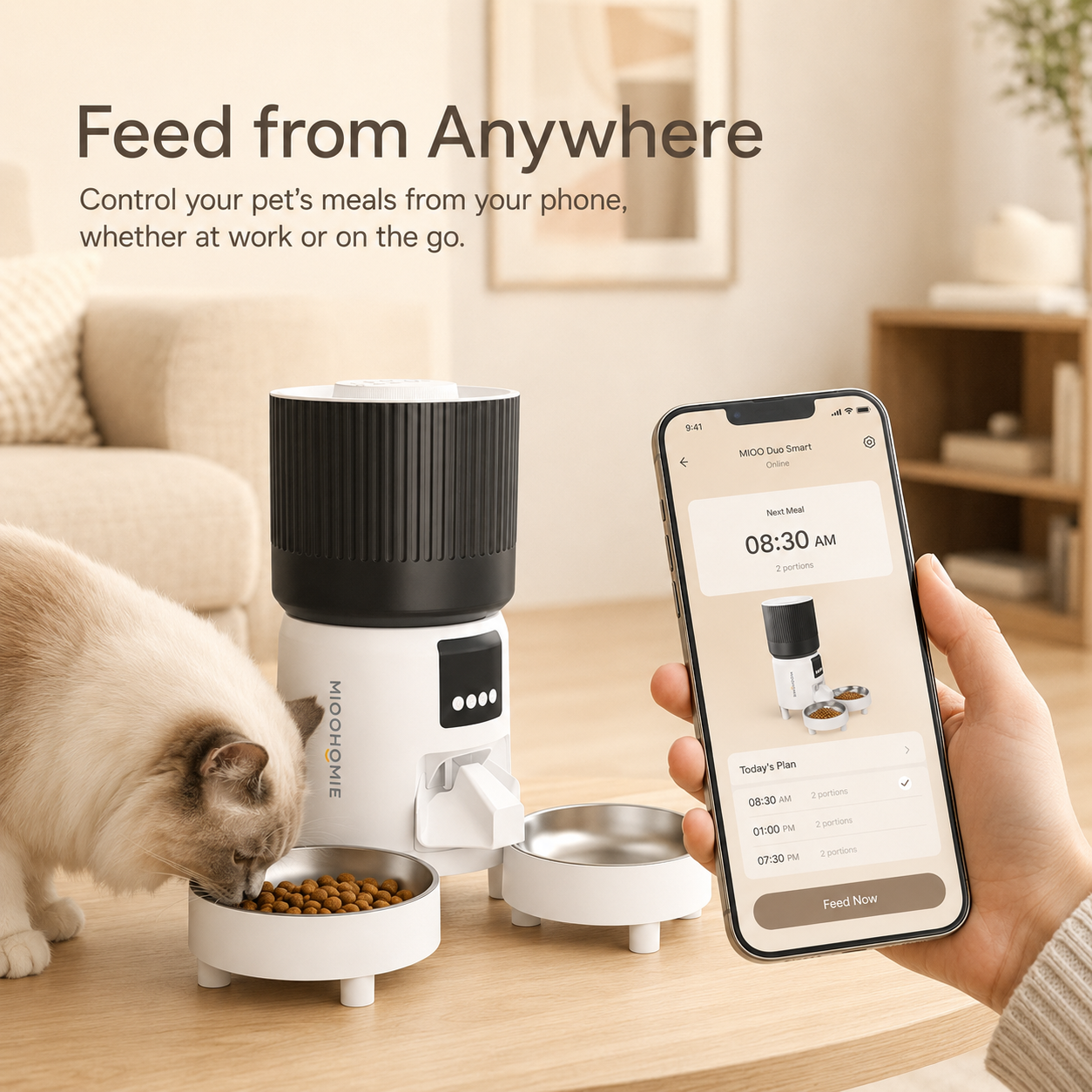 MiooHomie D04 4L Dual-Bowl WiFi Automatic Pet Feeder with App Control, Portion Scheduling and Feeding Records