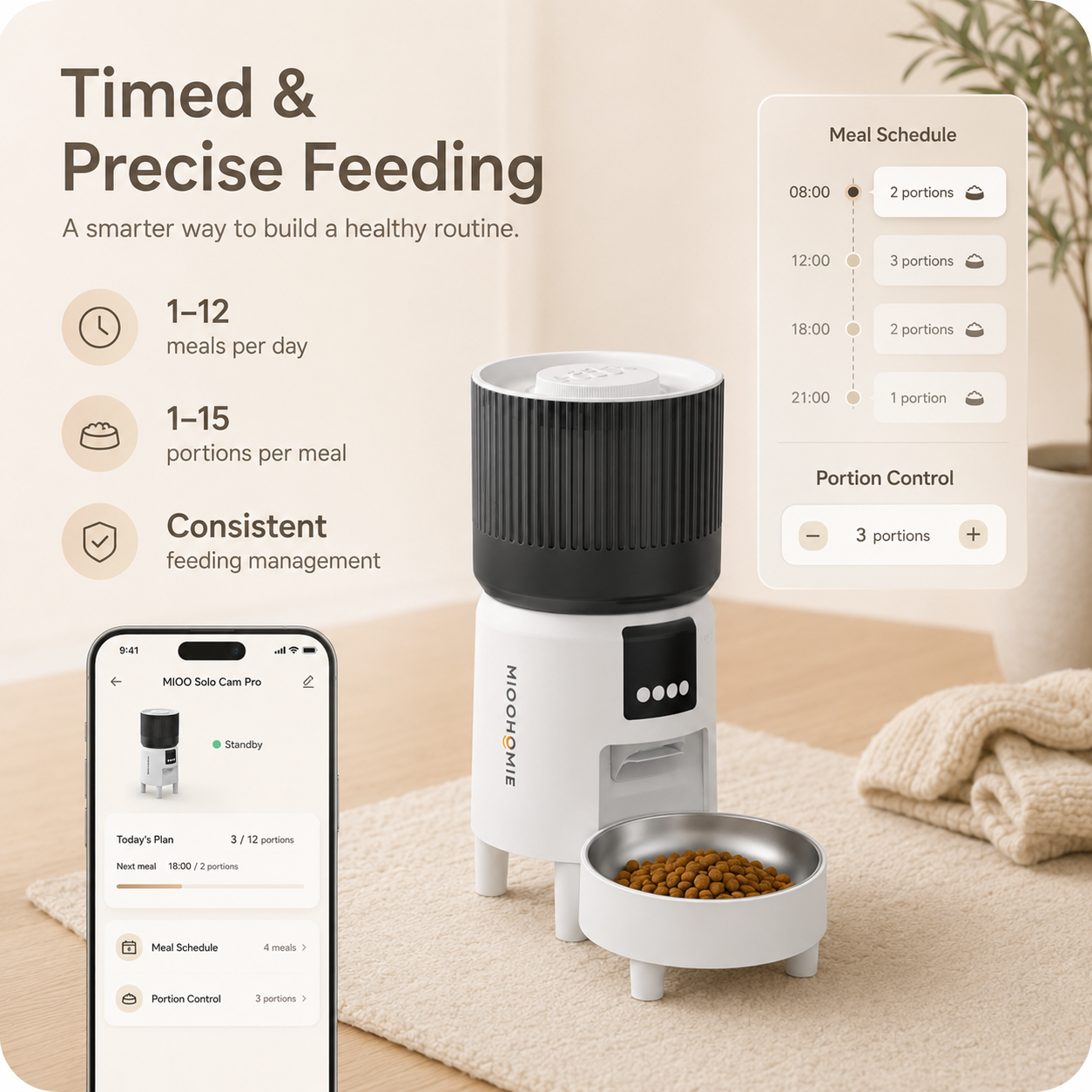MiooHomie C-03 4L Automatic Cat Feeder with 1080P Camera, 2.4GHz/5GHz Wi-Fi & App Remote Feeding