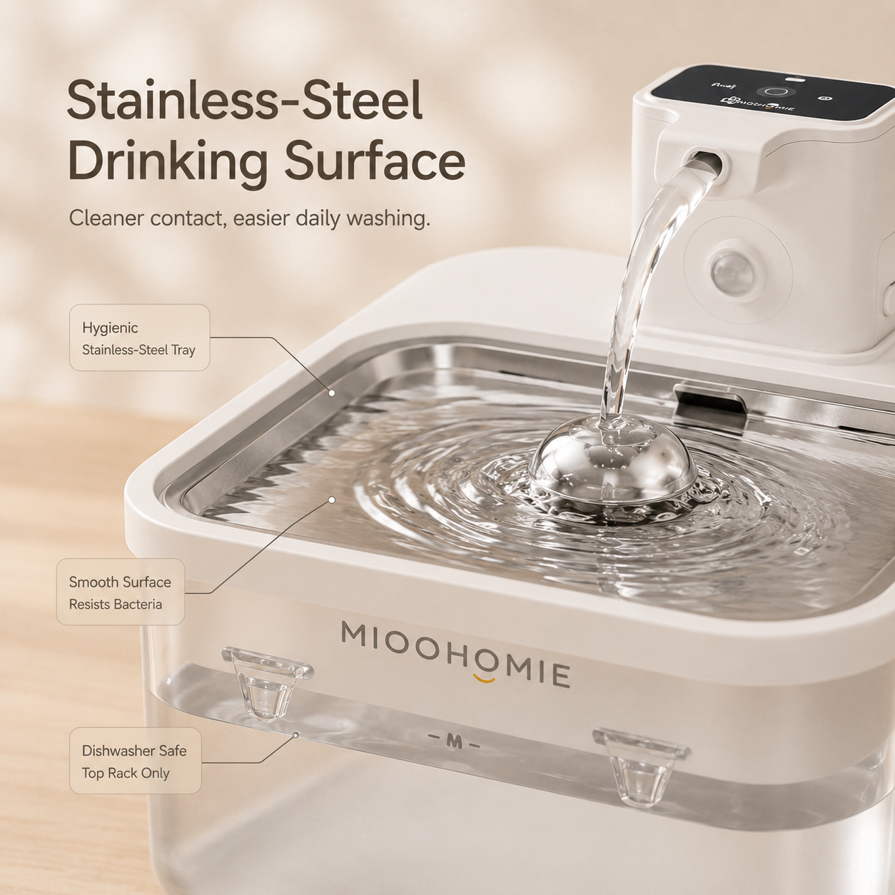 MIOOHOMIE MW-B09 Smart Stainless Steel Cat Water Fountain, 5200mAh Rechargeable Pet Water Dispenser with 3L Capacity, Quiet Circulating Filter for Cats & Small Dogs
