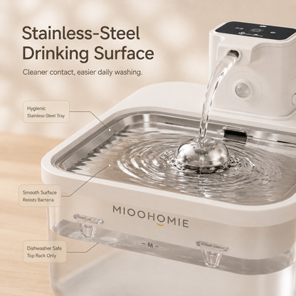 MIOOHOMIE MW-B09 Smart Stainless Steel Cat Water Fountain, 5200mAh Rechargeable Pet Water Dispenser with 3L Capacity, Quiet Circulating Filter for Cats & Small Dogs