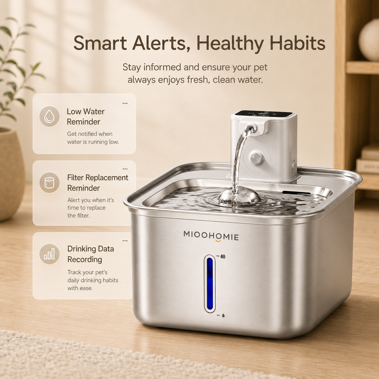 MIOOHOMIE MW-B10 Smart Stainless Steel Cat Water Fountain, 4000mAh Rechargeable Pet Water Dispenser with Quiet Circulating Filter for Cats & Small Dogs