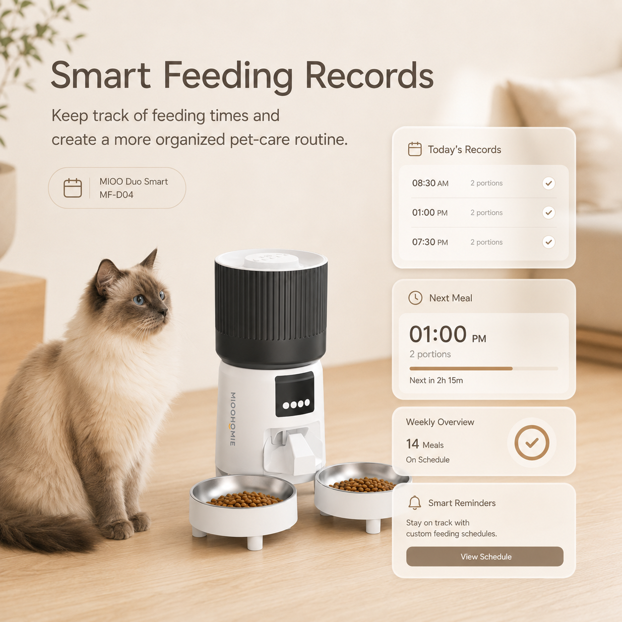 MiooHomie D04 4L Dual-Bowl WiFi Automatic Pet Feeder with App Control, Portion Scheduling and Feeding Records