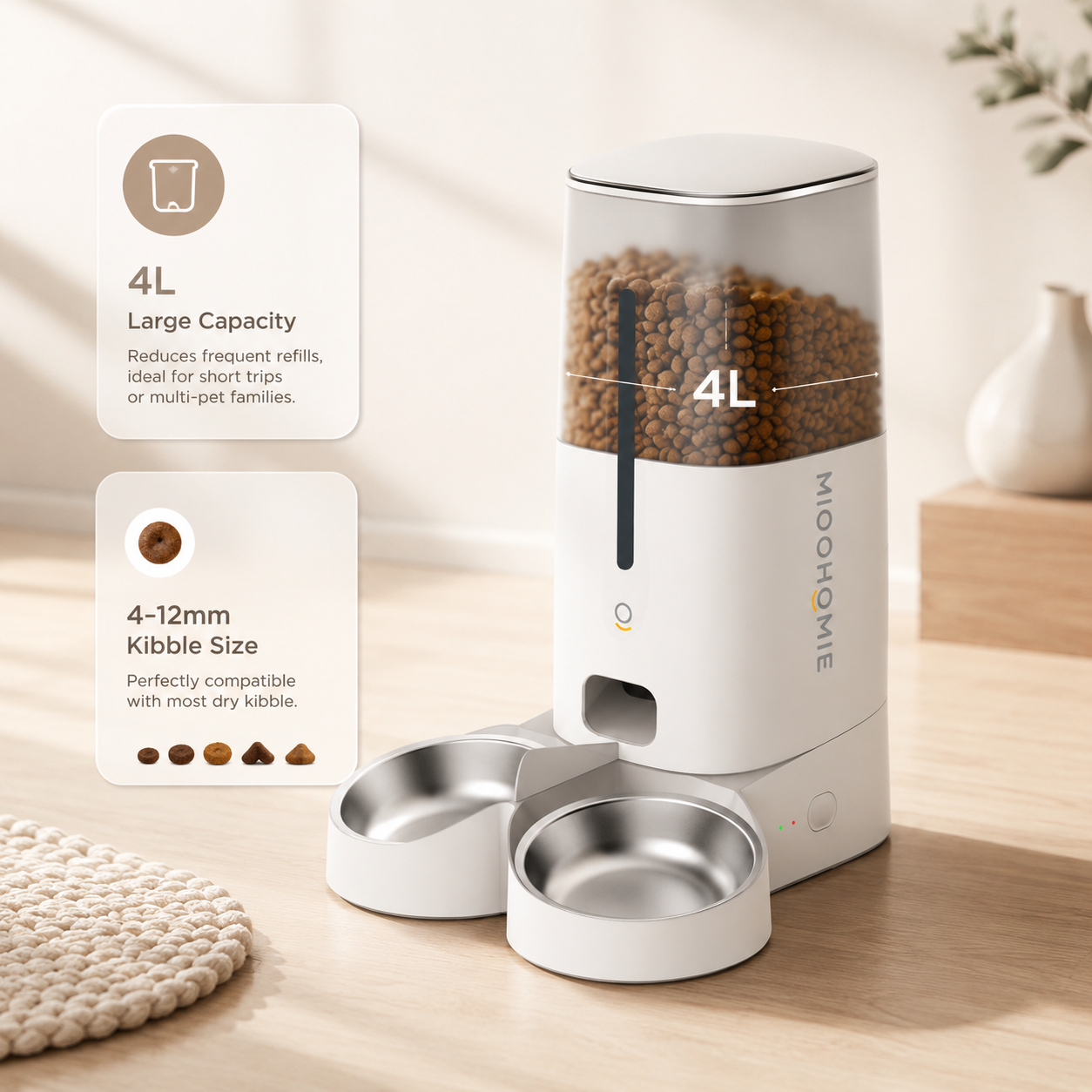MiooHomie D02 WiFi Smart Pet Feeder with Dual Stainless Steel Bowls, 4L Automatic Cat and Small Dog Feeder