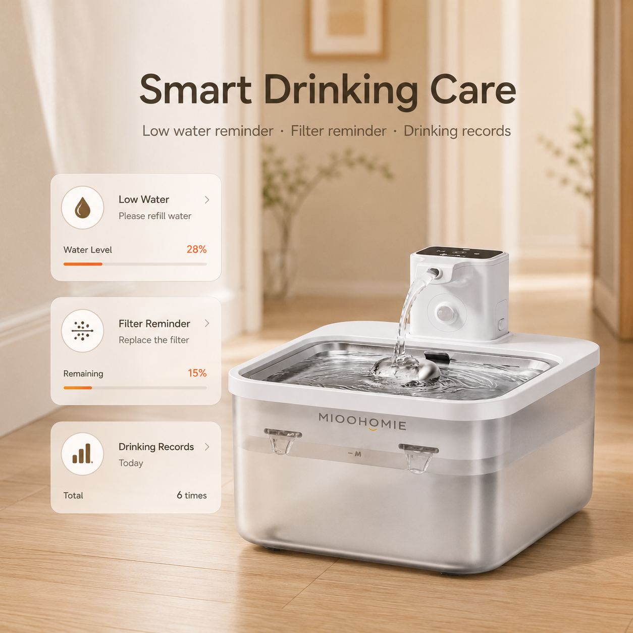 MiooHomie MW-B08 3L Smart Cat Water Fountain with 4000mAh Rechargeable Battery, Stainless Steel Drinking Tray, Quiet Automatic Pet Water Dispenser for Cats & Small Dogs