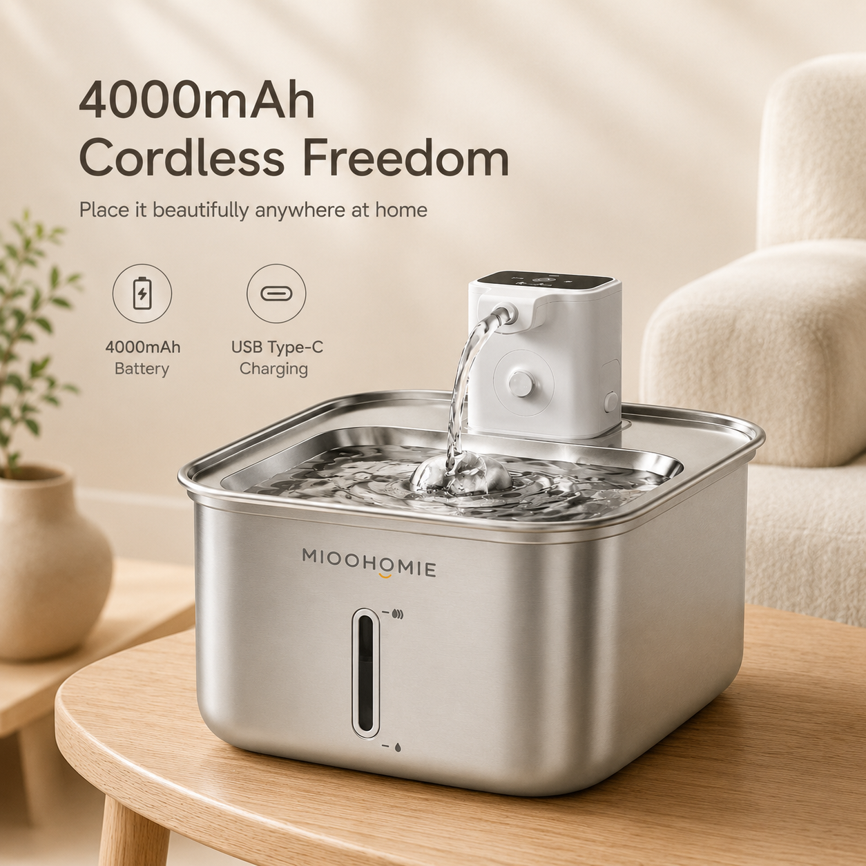 MIOOHOMIE MW-B10 Smart Stainless Steel Cat Water Fountain, 4000mAh Rechargeable Pet Water Dispenser with Quiet Circulating Filter for Cats & Small Dogs